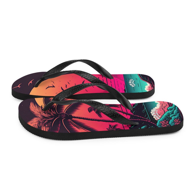 Emerald  Blossoms - Pink Palm Beach Sunset Flip Flops Colorful