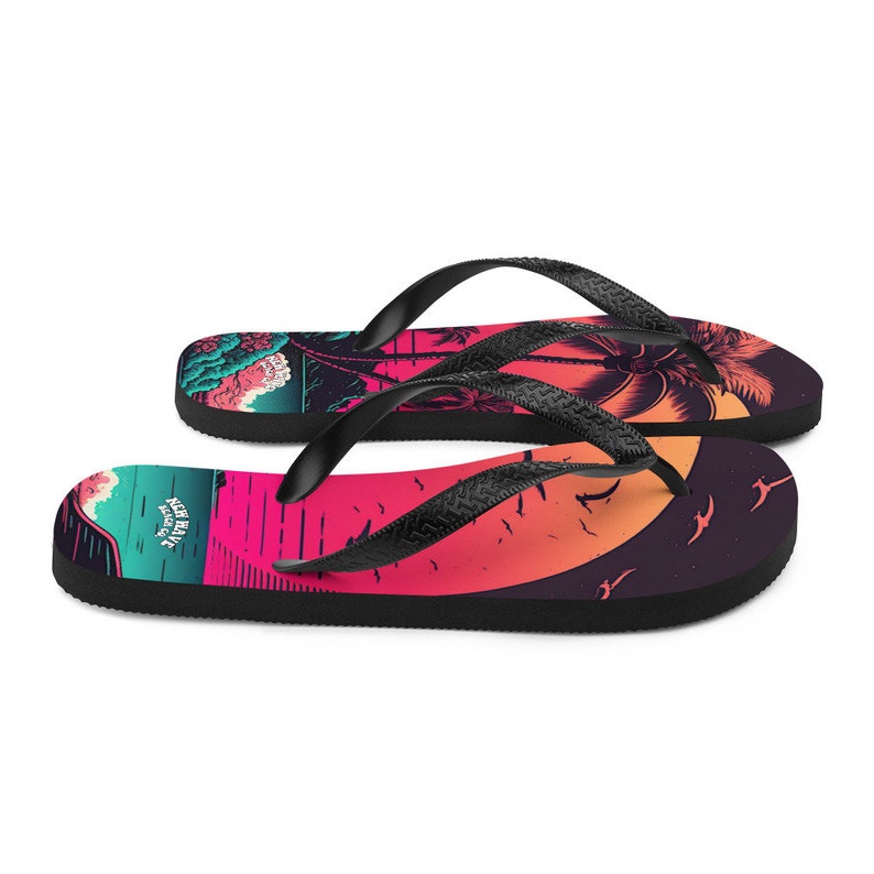 Emerald  Blossoms - Pink Palm Beach Sunset Flip Flops Colorful