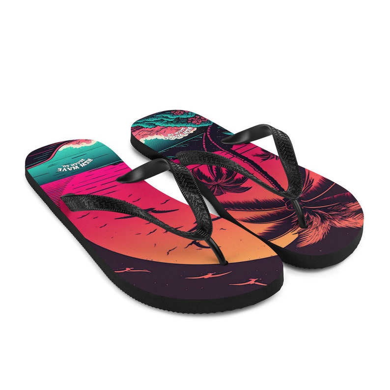 Emerald  Blossoms - Pink Palm Beach Sunset Flip Flops Colorful