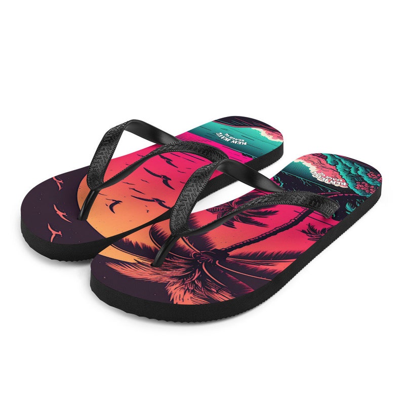 Emerald  Blossoms - Pink Palm Beach Sunset Flip Flops Colorful