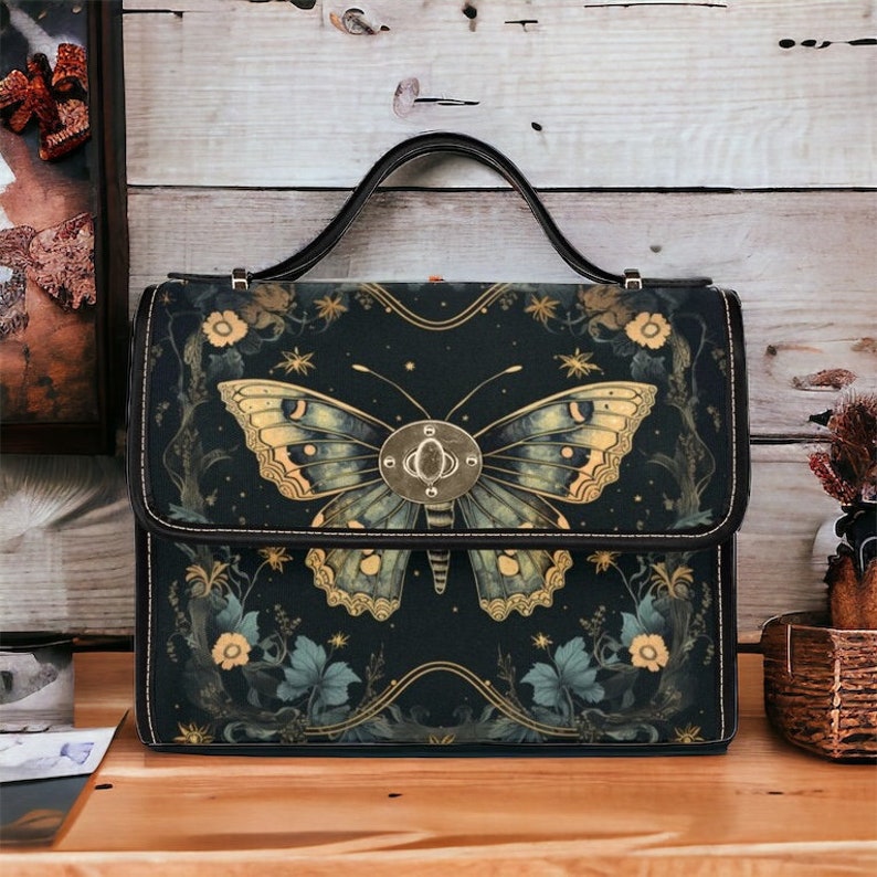 Emerald Blossoms - Moth Handbag Whimsigoth Bag, Dark Cottage core Satchel For Hippies