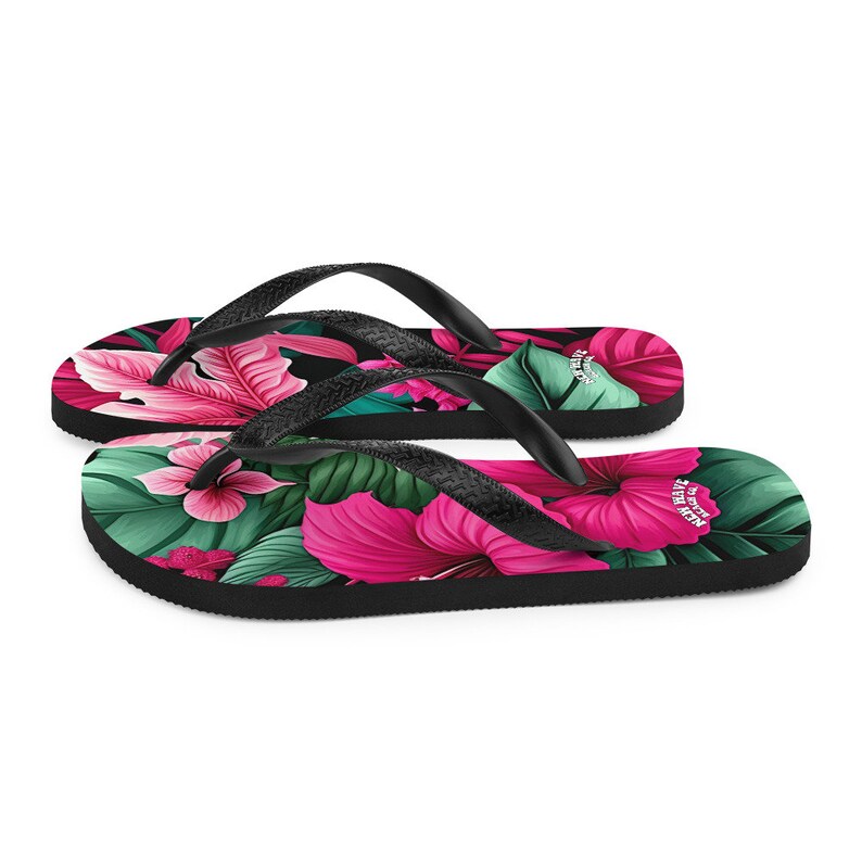 Emerald  Blossoms - Pink Tropical Flower Flip Flops Colorful.