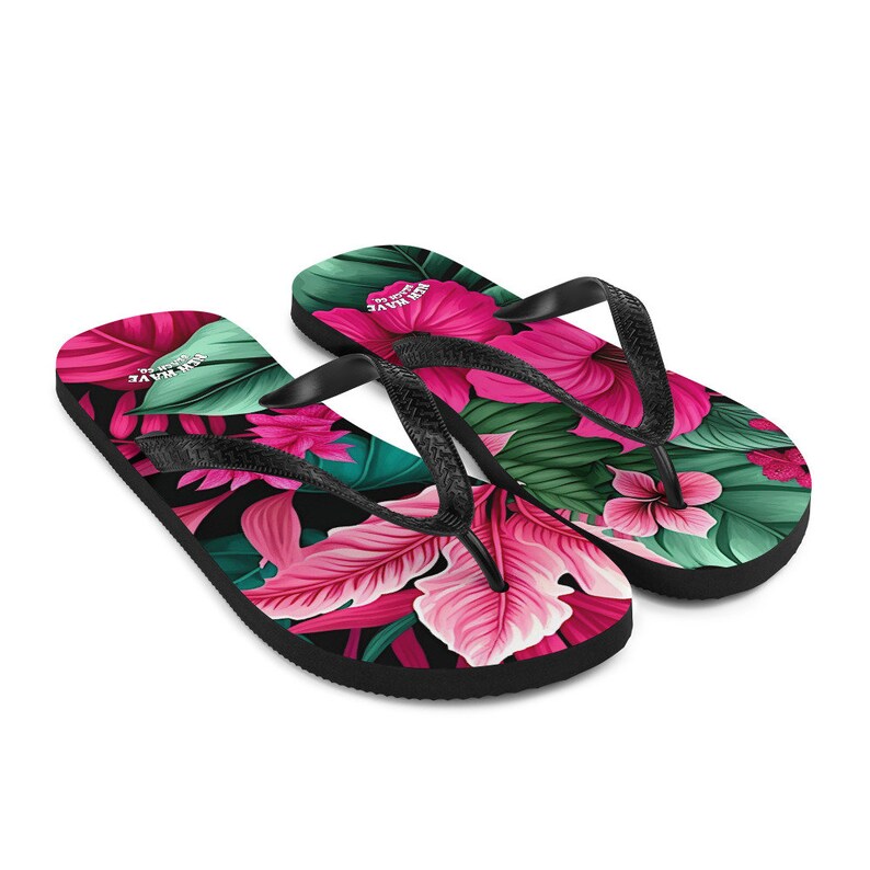 Emerald  Blossoms - Pink Tropical Flower Flip Flops Colorful.