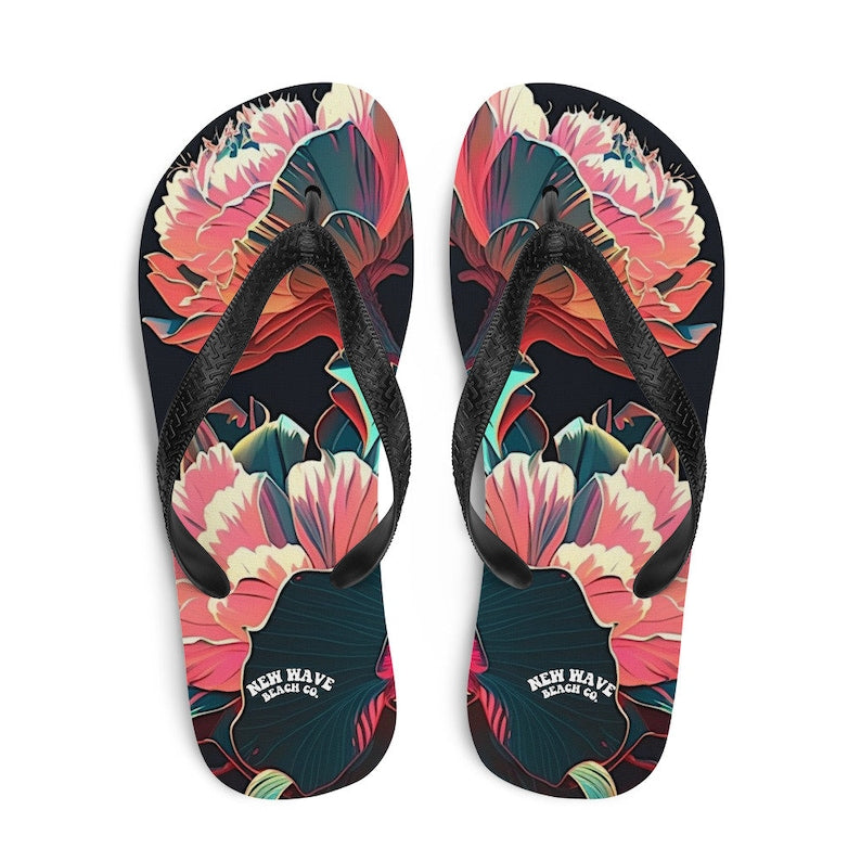 Emerald  Blossoms - Pink Tropical Flower Flip Flops Colorful.