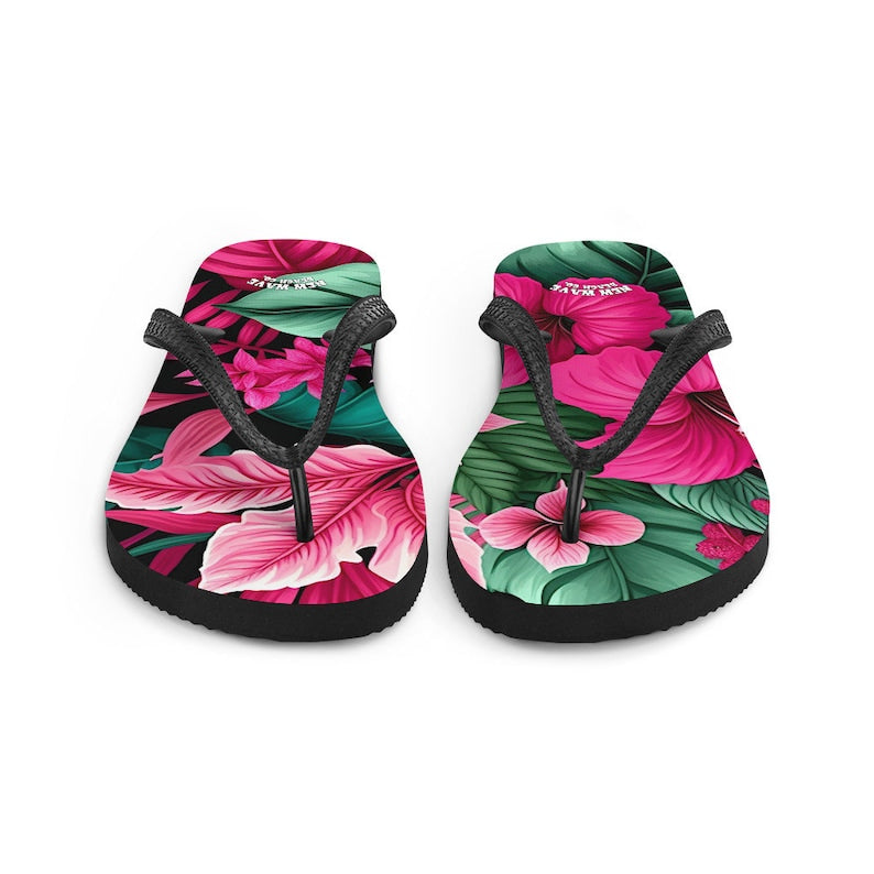 Emerald  Blossoms - Pink Tropical Flower Flip Flops Colorful.