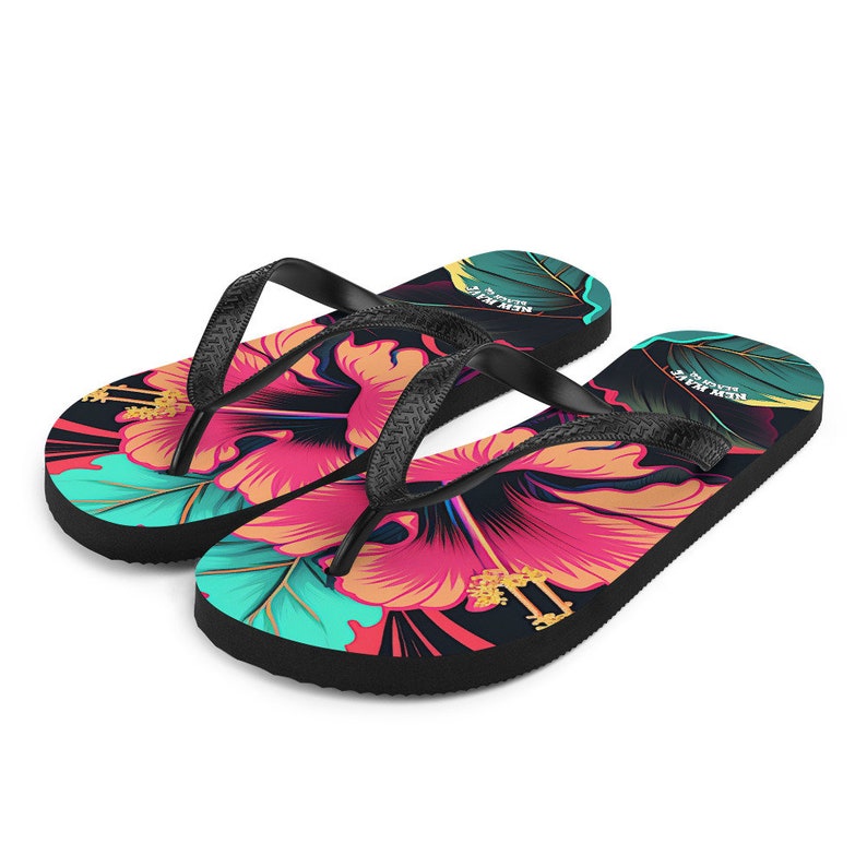 Emerald  Blossoms - Pink Hibiscus Tropical Flower Flip Flops.