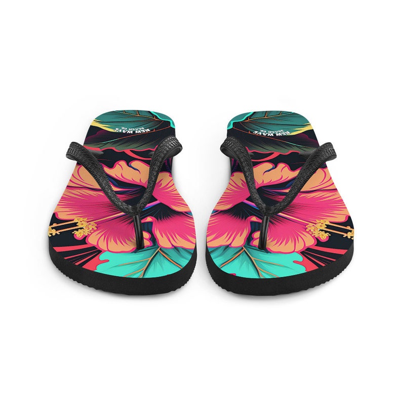 Emerald  Blossoms - Pink Hibiscus Tropical Flower Flip Flops.