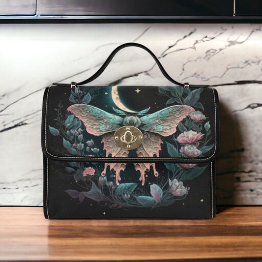 EmeraldBlossoms - Cottagecore Moth and Moon Phases Canvas Satchel Bag