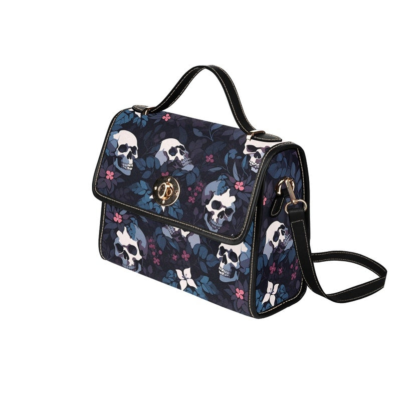 EmeraldBlossoms - Dark Skull Boho Halloween Canvas Satchel Bag