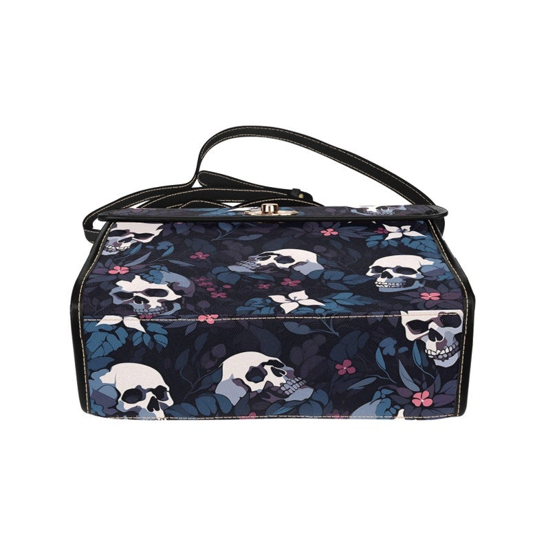 EmeraldBlossoms - Dark Skull Boho Halloween Canvas Satchel Bag