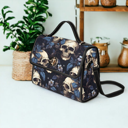 EmeraldBlossoms - Dark Skull Boho Halloween Canvas Satchel Bag