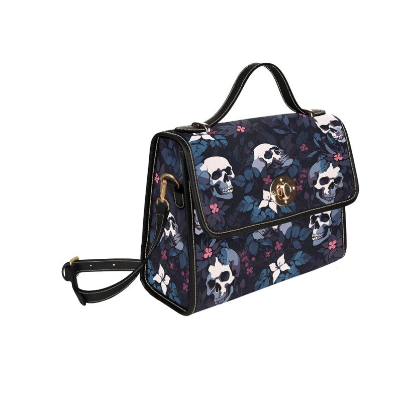 EmeraldBlossoms - Dark Skull Boho Halloween Canvas Satchel Bag