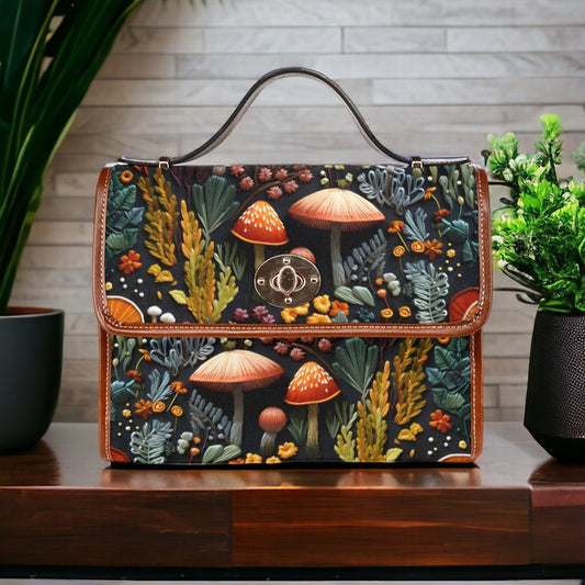 Emerald Blossoms - Boho FAUX-Embroidered Mushrooms Cottagecore Canvas Satchel Bag For Hippies