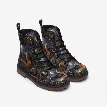 Emerald Blossoms - Dreamy Fox In The Moonlight Patterned Vegan Leather Boots