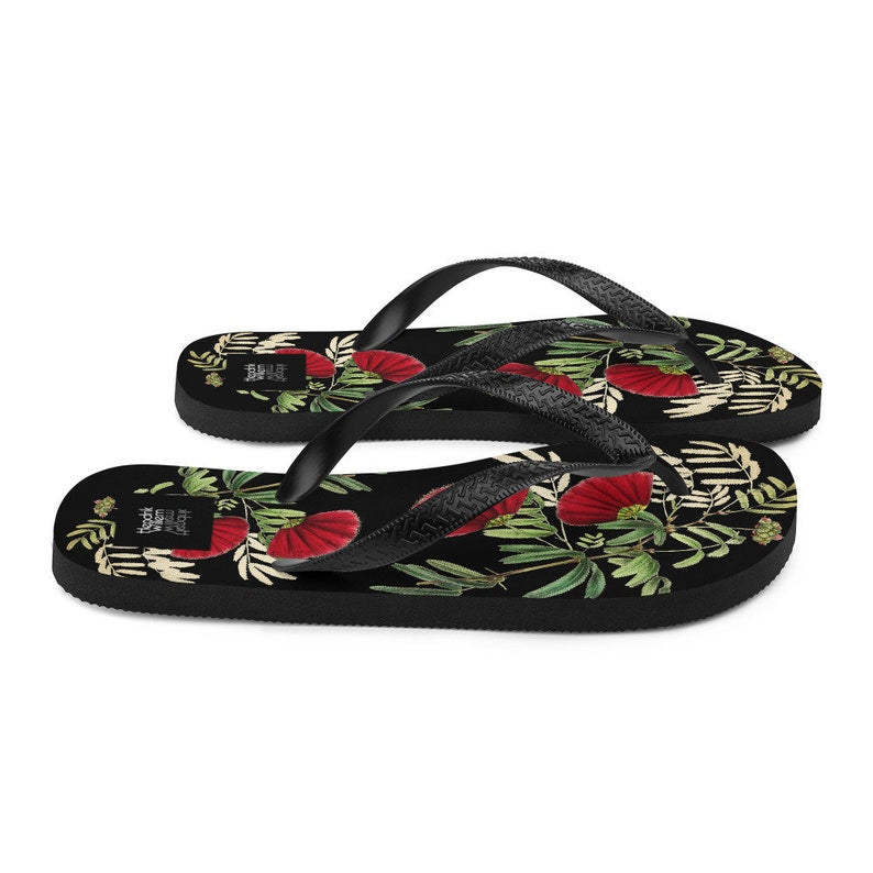 Emerald  Blossoms - Black Japanese-Inspired Flip-Flops.