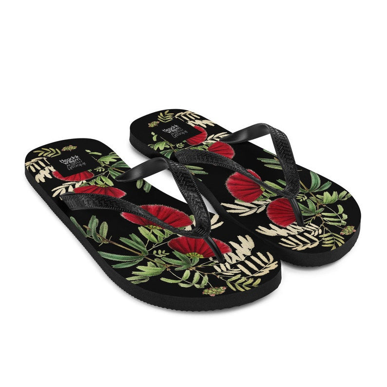 Emerald  Blossoms - Black Japanese-Inspired Flip-Flops.