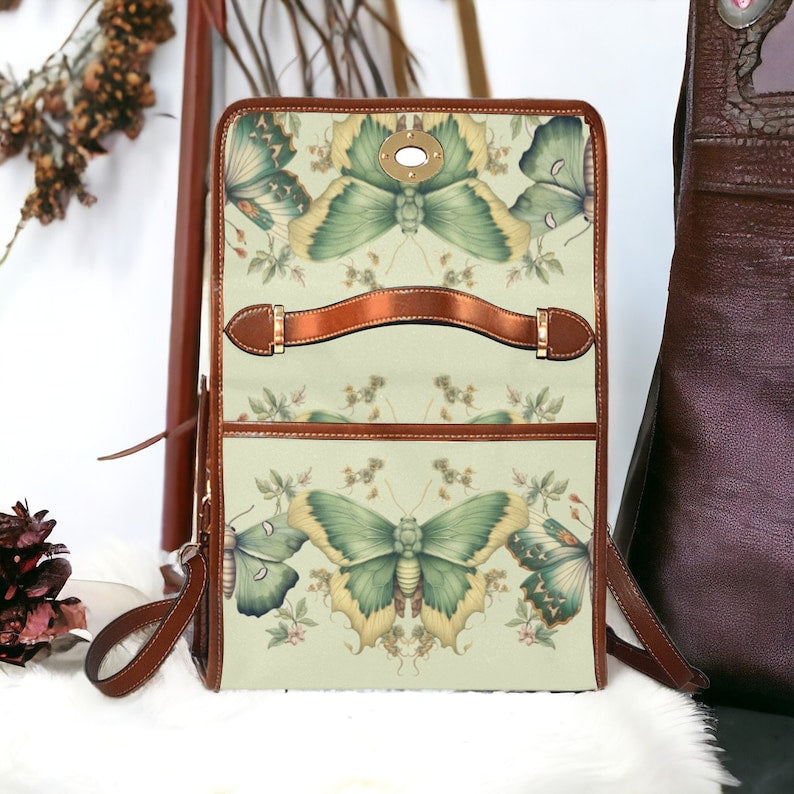 Emerald Blossoms - Pastel Green Moth Brown Canvas Satchel Messenger Bag For Hippies