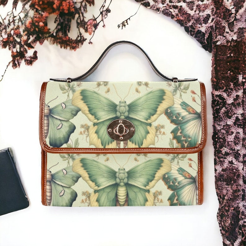 Emerald Blossoms - Pastel Green Moth Brown Canvas Satchel Messenger Bag For Hippies