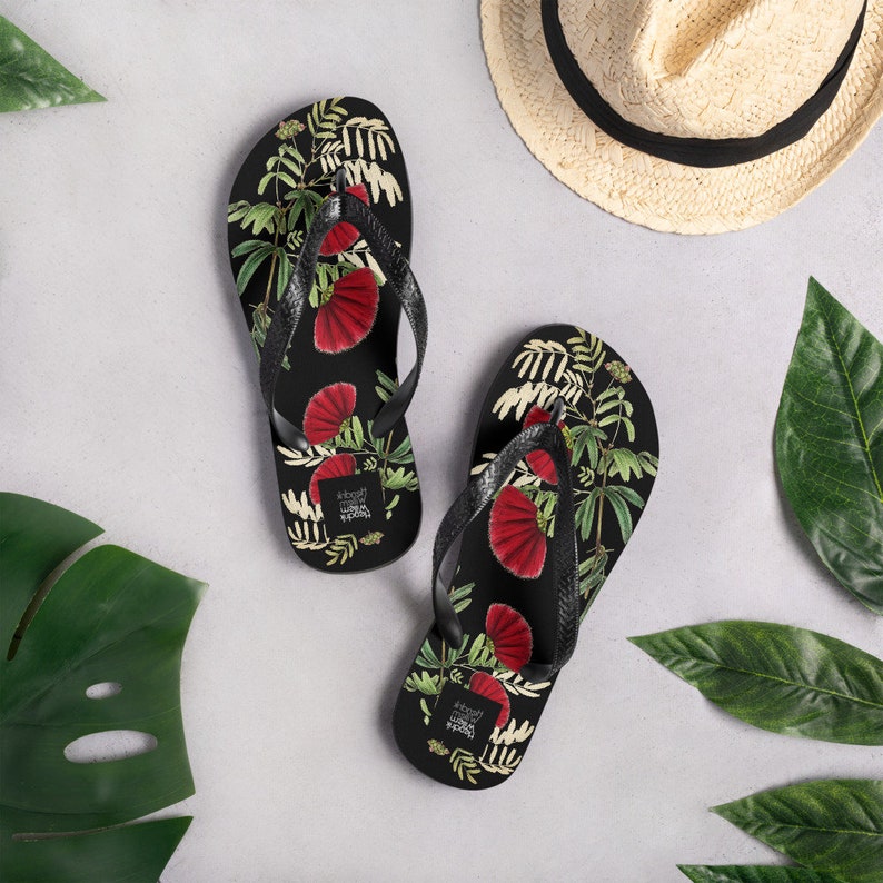 Emerald  Blossoms - Black Japanese-Inspired Flip-Flops.