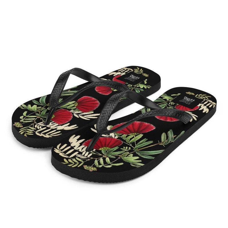 Emerald  Blossoms - Black Japanese-Inspired Flip-Flops.