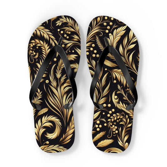 Emerald  Blossoms - Golden Floral Flip-Flops.