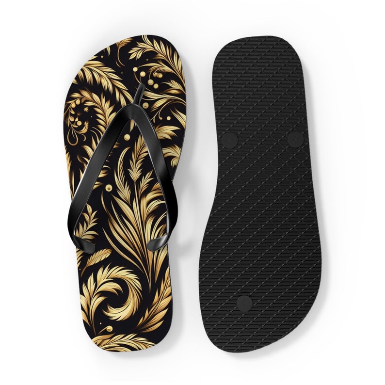 Emerald  Blossoms - Golden Floral Flip-Flops.