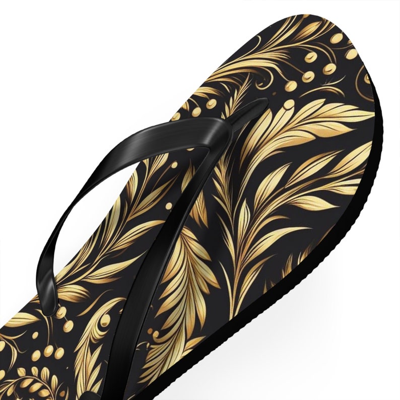 Emerald  Blossoms - Golden Floral Flip-Flops.