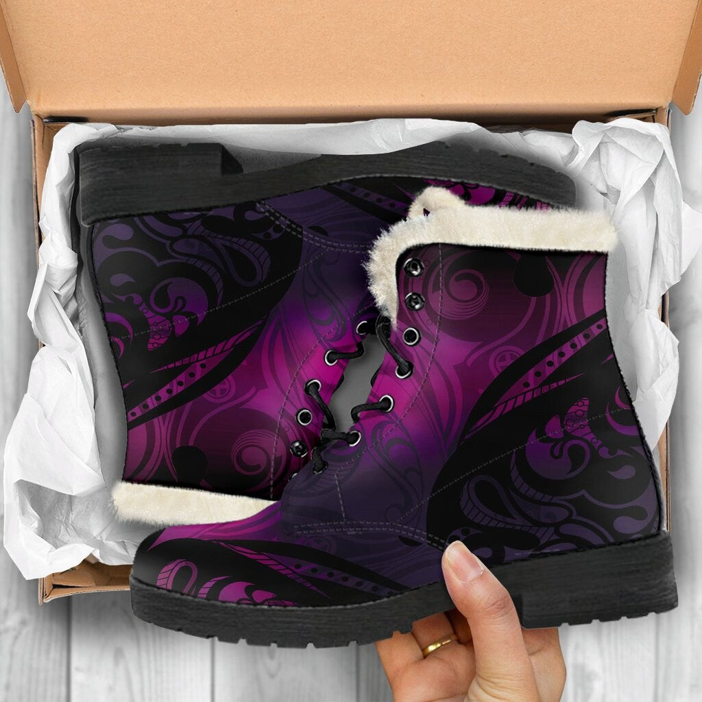 Emerald Blossoms - Tree of Life Leather Boots Women's Boots Purple Faux Fur Leather Boots for Women And Man Gift Rave Boots, Festival Boots, Colorful Boots