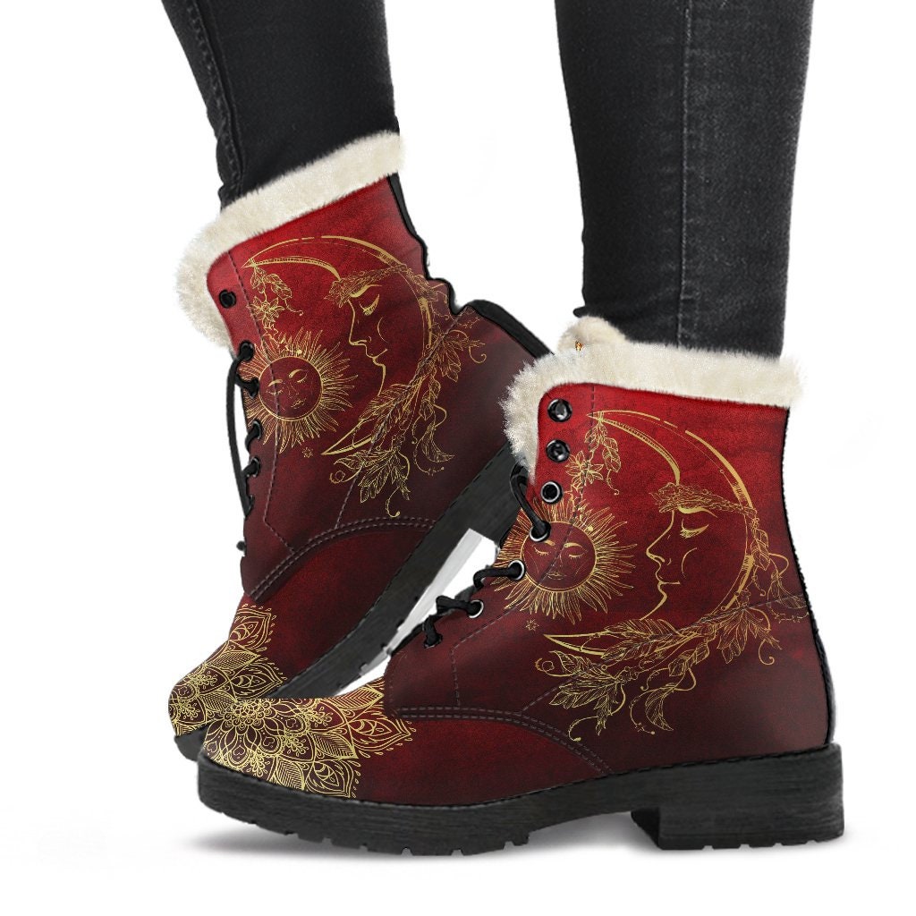 Emerald Blossoms - Sun And Moon Mandala Gold Women's Boots Faux Fur Leather Boots for Women Combat Style Man Gift Spiritual Boots,Red Gold, Unique Vegan Boots