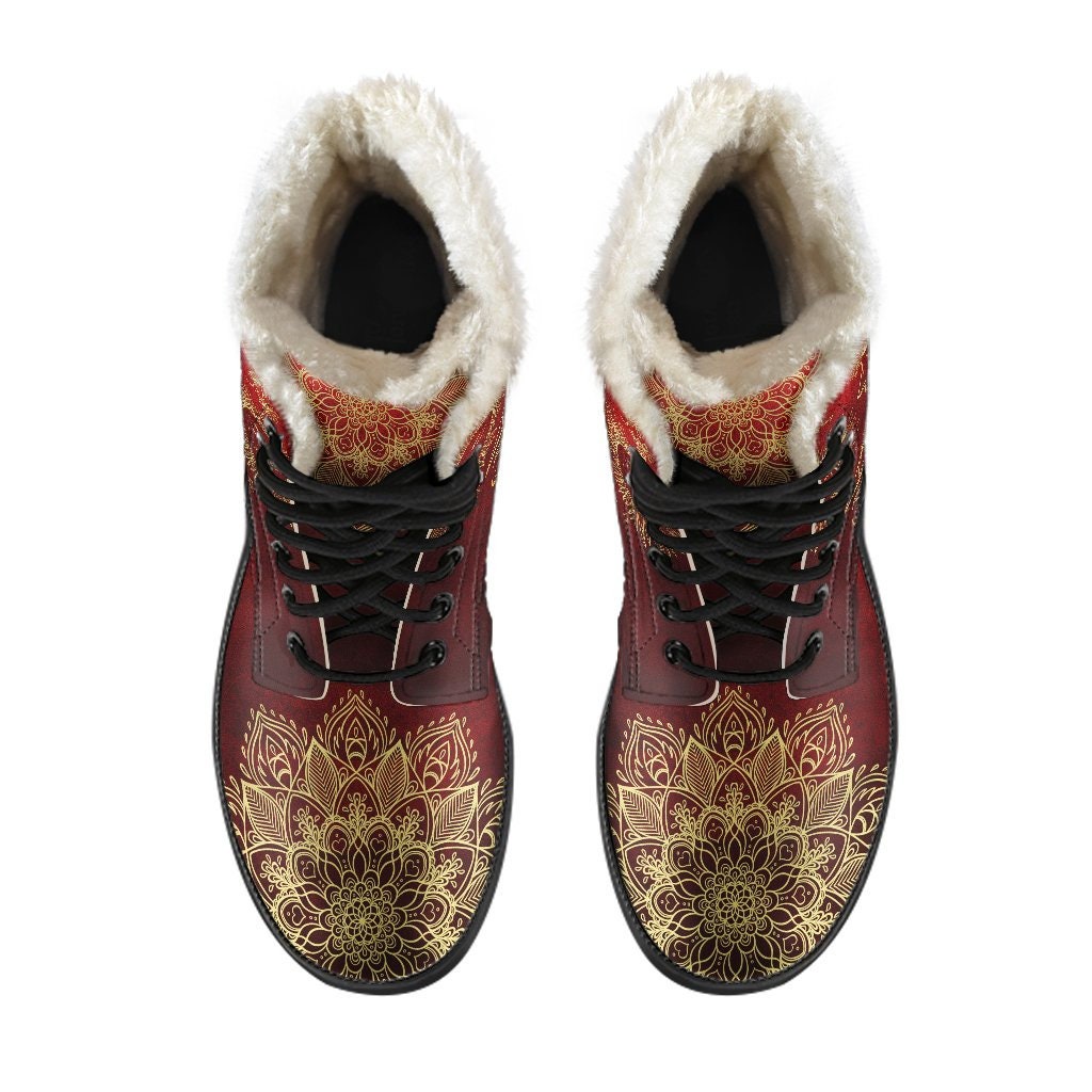 Emerald Blossoms - Sun And Moon Mandala Gold Women's Boots Faux Fur Leather Boots for Women Combat Style Man Gift Spiritual Boots,Red Gold, Unique Vegan Boots