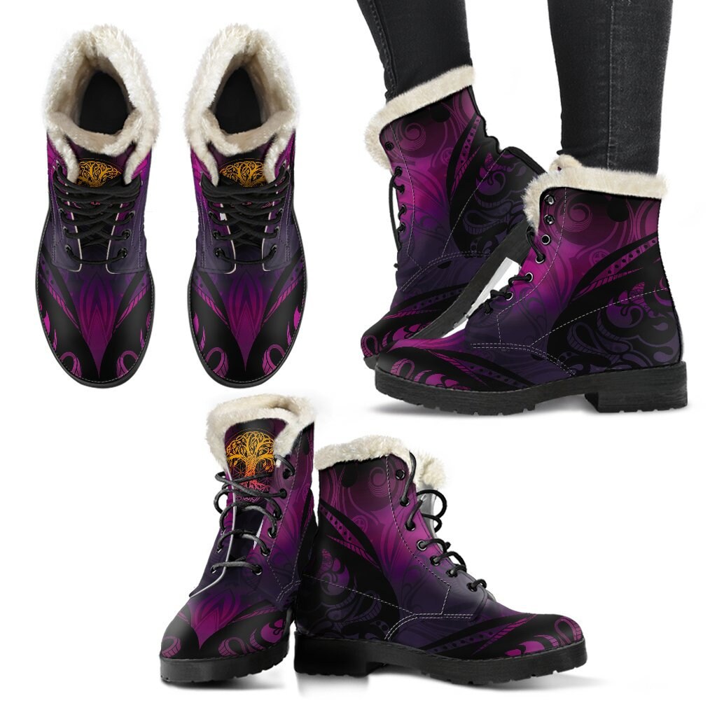 Emerald Blossoms - Tree of Life Leather Boots Women's Boots Purple Faux Fur Leather Boots for Women And Man Gift Rave Boots, Festival Boots, Colorful Boots