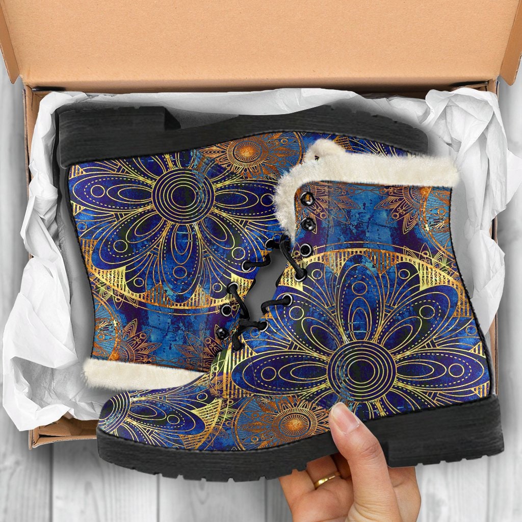 Emerald Blossoms - Vintage Mandala Womens Boots Vegan Leather Boots for Women Boots For Men Combat Style Gift For Women Unique Design