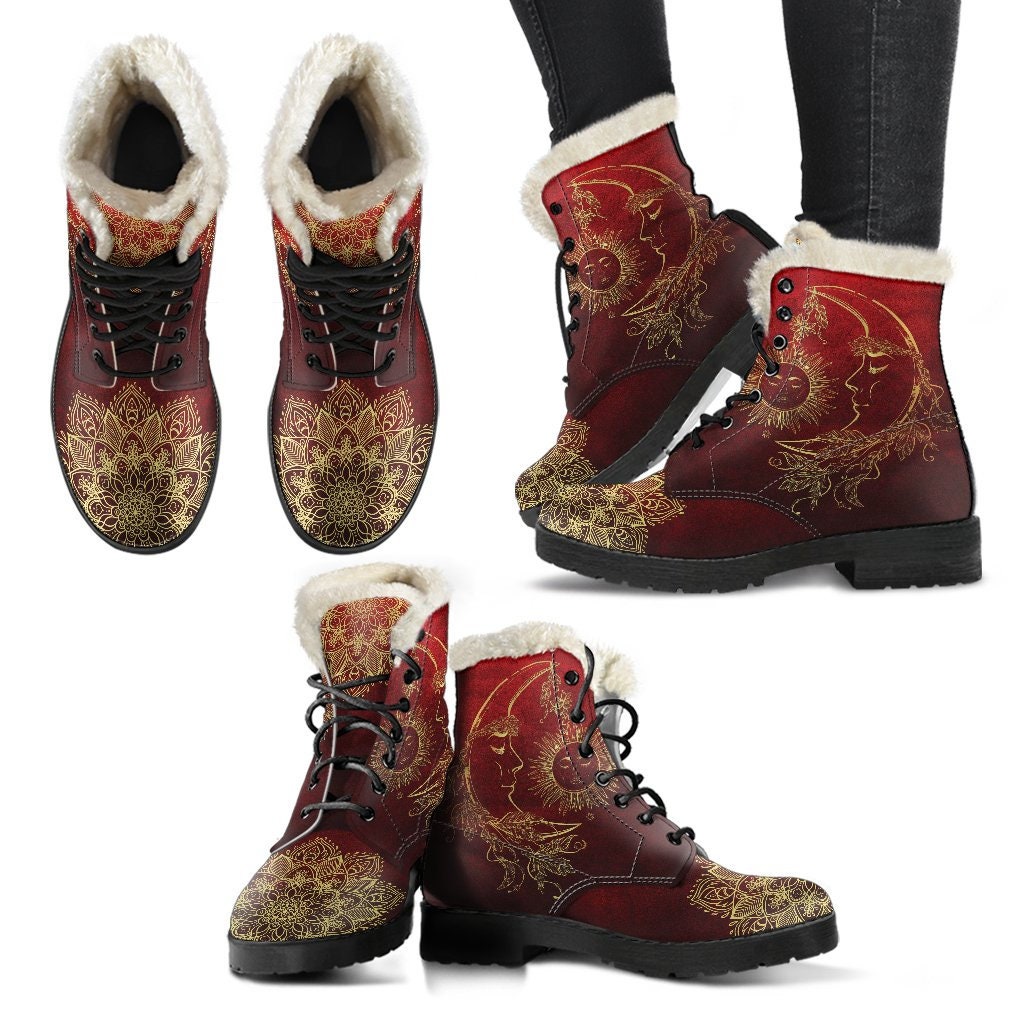 Emerald Blossoms - Sun And Moon Mandala Gold Women's Boots Faux Fur Leather Boots for Women Combat Style Man Gift Spiritual Boots,Red Gold, Unique Vegan Boots