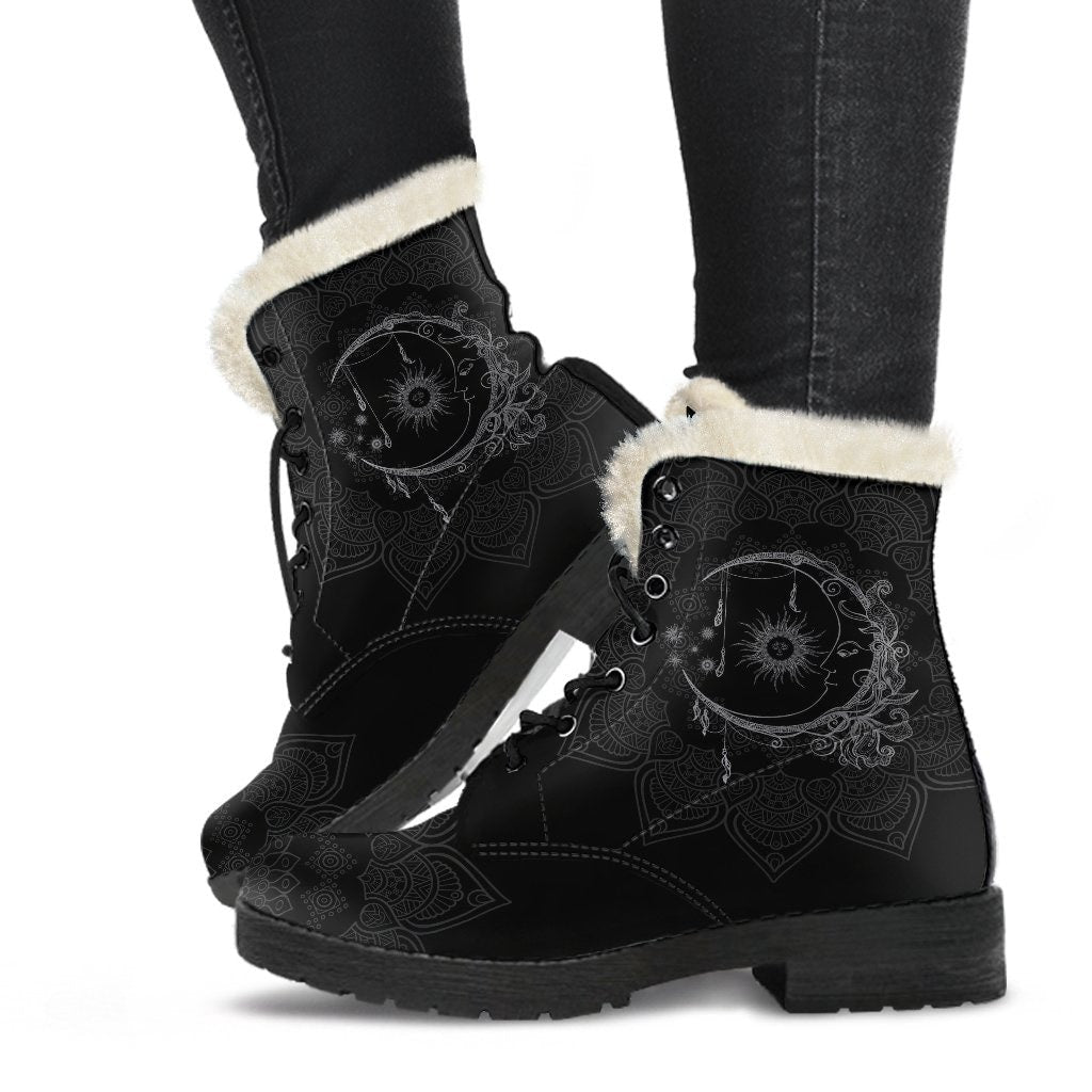 Emerald Blossoms - Sun And Moon Mandala Black Women's Boots Fur Vegan Leather Boots for Women Combat Style Man Gift Spiritual Boots, Unique Vegan Boots