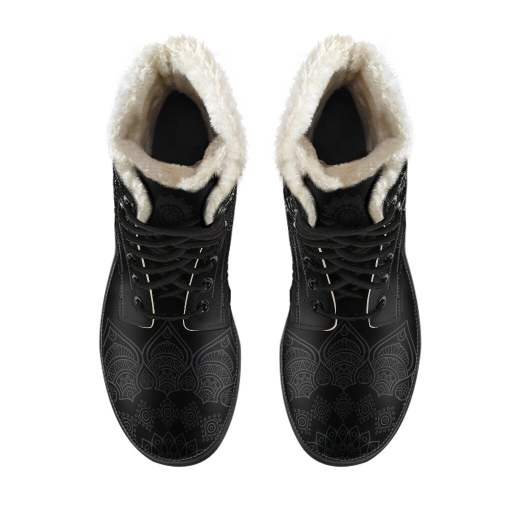 Emerald Blossoms - Sun And Moon Mandala Black Women's Boots Fur Vegan Leather Boots for Women Combat Style Man Gift Spiritual Boots, Unique Vegan Boots