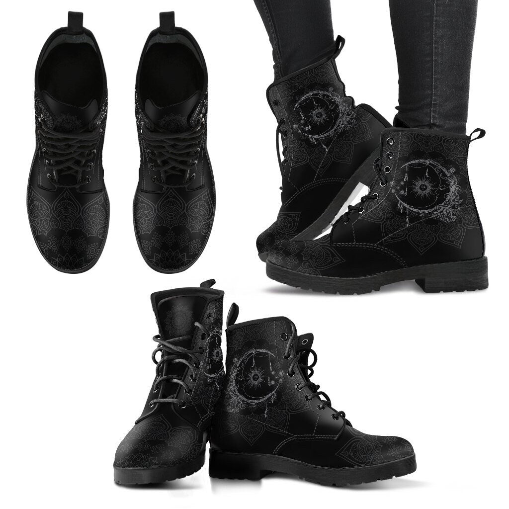 Emerald Blossoms - Sun And Moon Mandala Black Women's Boots Fur Vegan Leather Boots for Women Combat Style Man Gift Spiritual Boots, Unique Vegan Boots