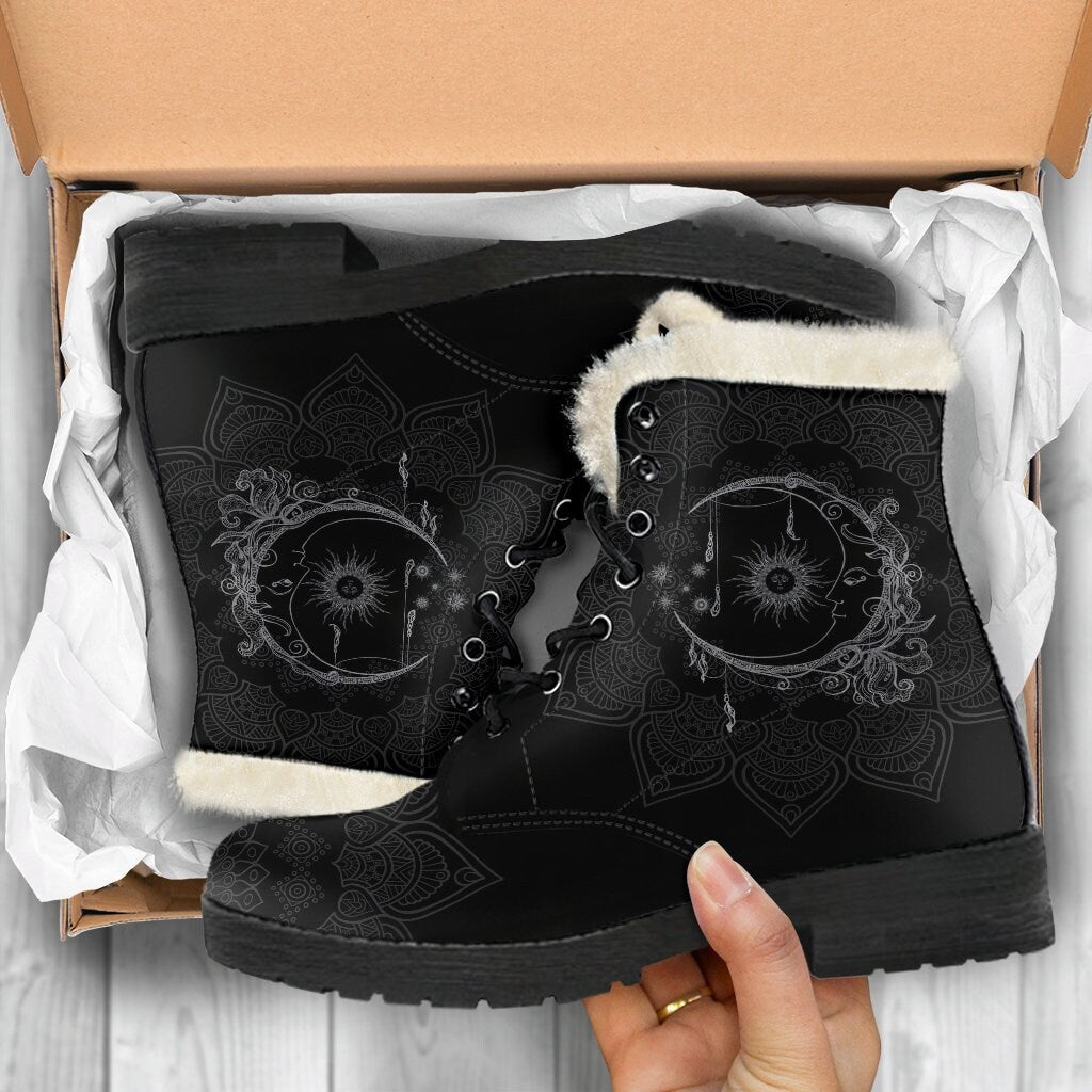 Emerald Blossoms - Sun And Moon Mandala Black Women's Boots Fur Vegan Leather Boots for Women Combat Style Man Gift Spiritual Boots, Unique Vegan Boots