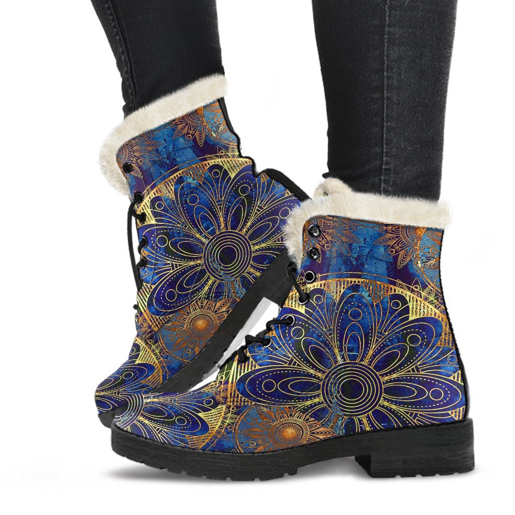 Emerald Blossoms - Vintage Mandala Womens Boots Vegan Leather Boots for Women Boots For Men Combat Style Gift For Women Unique Design