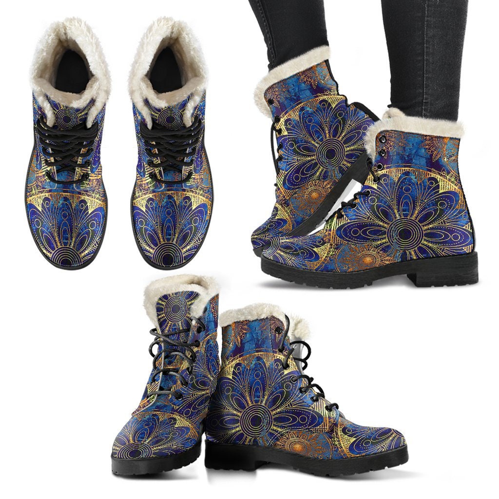 Emerald Blossoms - Vintage Mandala Womens Boots Vegan Leather Boots for Women Boots For Men Combat Style Gift For Women Unique Design