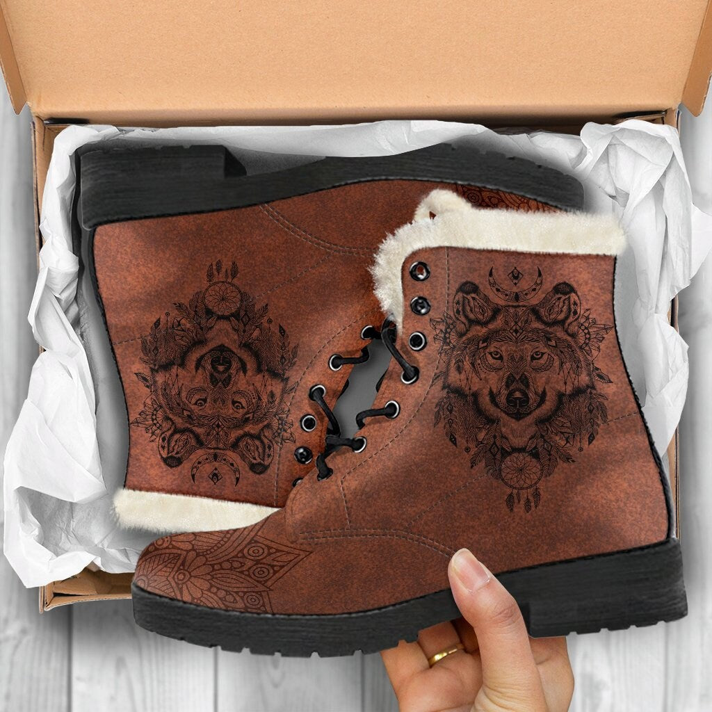 Emerald Blossoms - Spiritual Wolf Mandala Womens Boots Fur Leather Boots for Women Combat Style Boots For Man Gift Spiritual Boots, Unique Brown Vegan Boots