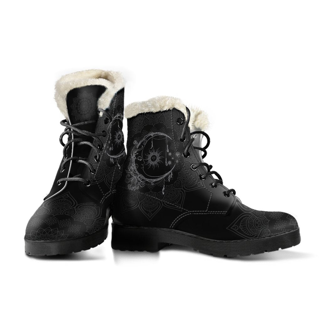 Emerald Blossoms - Sun And Moon Mandala Black Women's Boots Fur Vegan Leather Boots for Women Combat Style Man Gift Spiritual Boots, Unique Vegan Boots