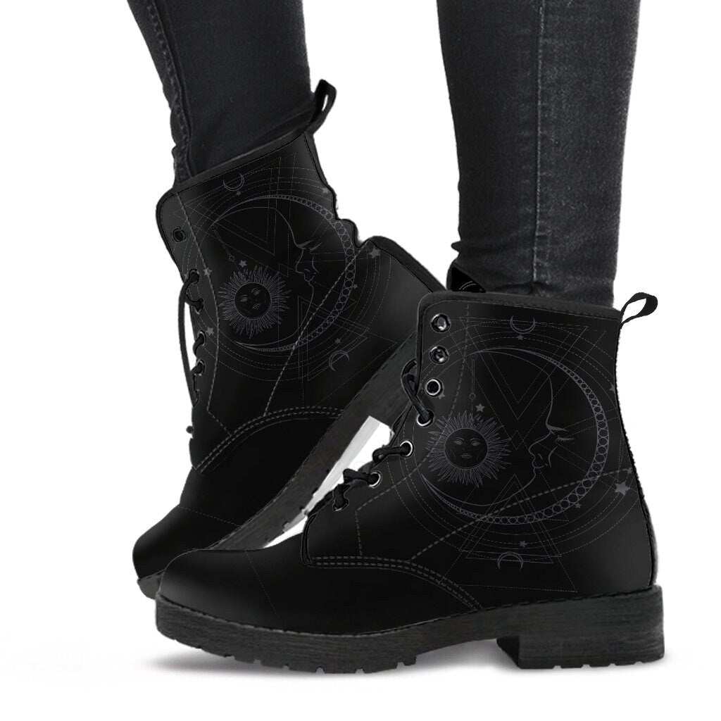 Emerald Blossoms - Sun And Moon Sacred Geometry Gray Women's Boots Fur Vegan Leather Boots for Women Combat Style Man Gift Spiritual Boots, Unique Vegan Boots