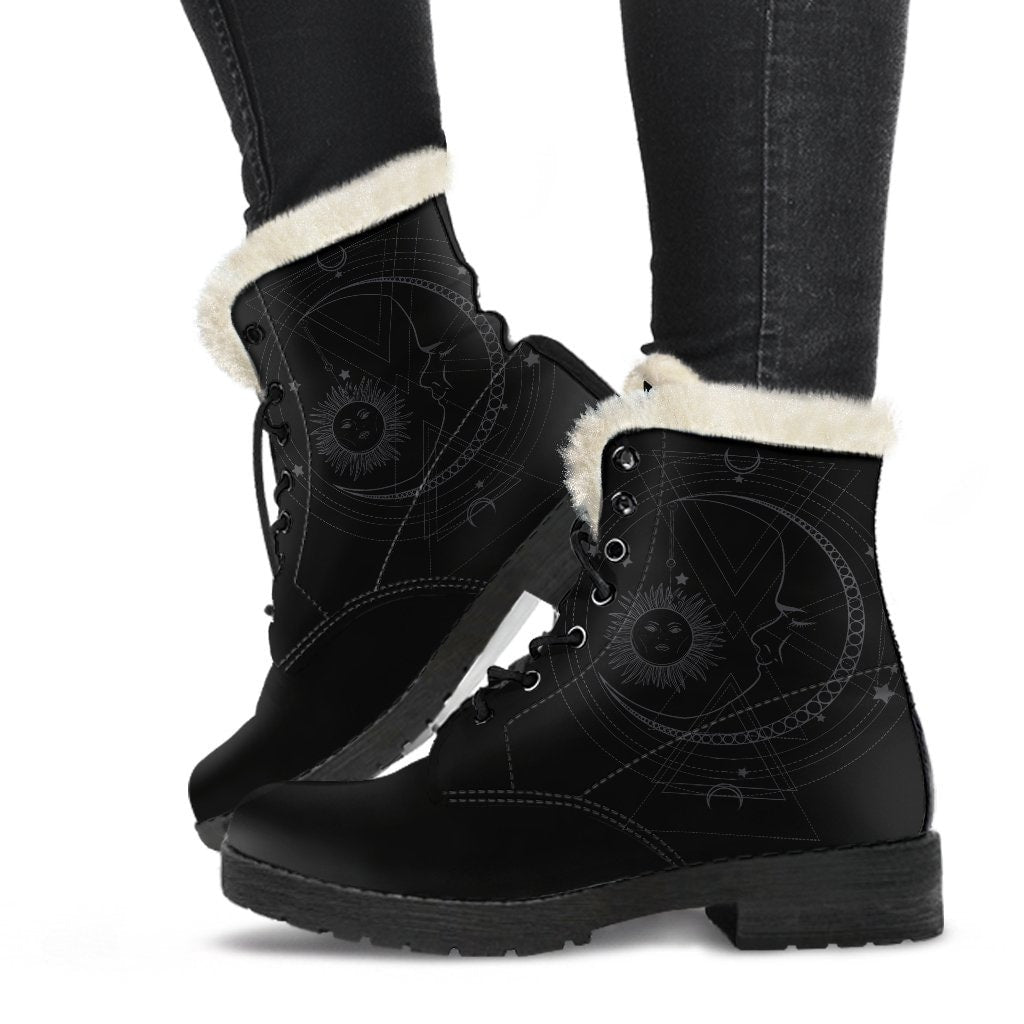 Emerald Blossoms - Sun And Moon Sacred Geometry Gray Women's Boots Fur Vegan Leather Boots for Women Combat Style Man Gift Spiritual Boots, Unique Vegan Boots