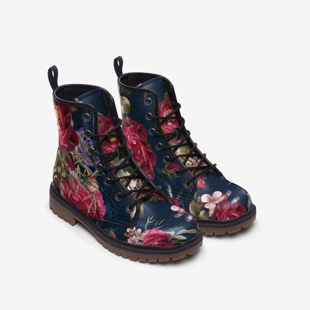 Emerald Blossoms - Red And Blue Floral Print Vegan Leather Boots For Hippies