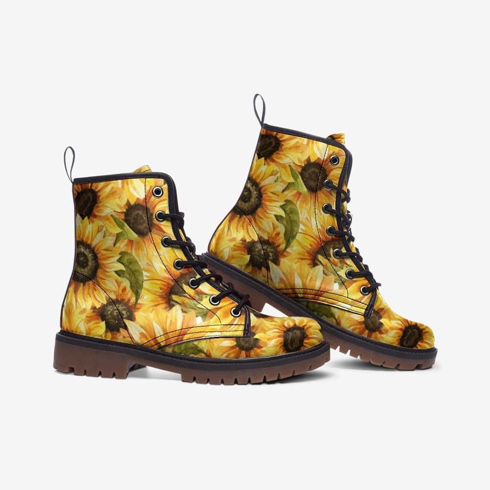 Emerald Blossoms - Sunflower Vegan Leather Combat Boots For Hippies