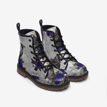 Emerald Blossoms - Blue Rose Raven Crow Casual Leather Lightweight Gothic Combat Boots For Hippies