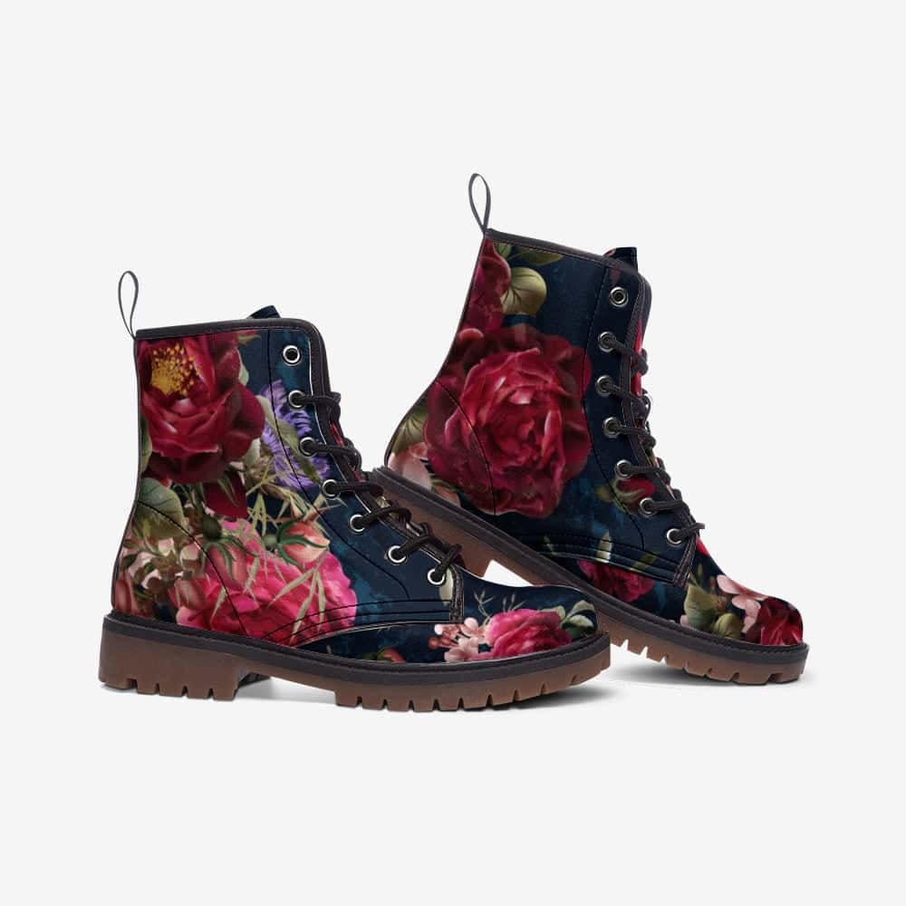 Emerald Blossoms - Red And Blue Floral Print Vegan Leather Boots For Hippies