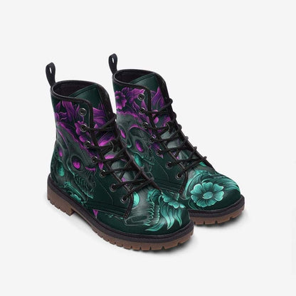 Emerald Blossoms - Skulls And Flowers Vegan Leather Combat Boots For Hippies