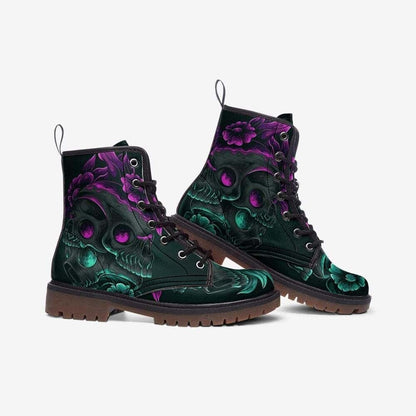 Emerald Blossoms - Skulls And Flowers Vegan Leather Combat Boots For Hippies