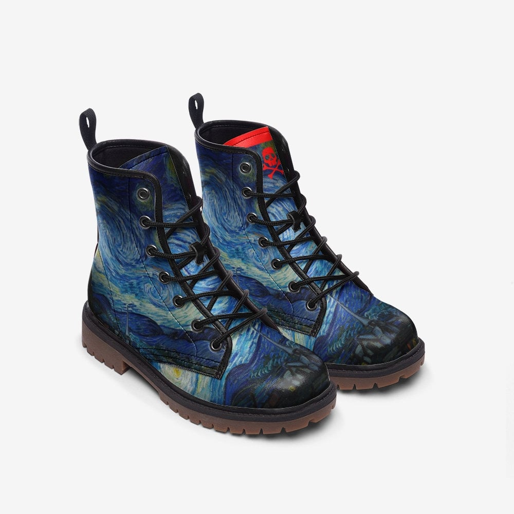 Emerald Blossoms - Van Gogh Starry Night Gothic, Punk Combat Boots For Hippies